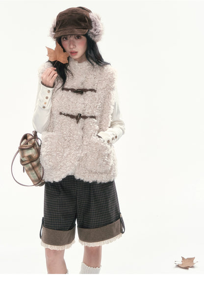 CAN - "The Velvet Alcove" Light Coffee Brown Reversible Plaid Shearling Vest