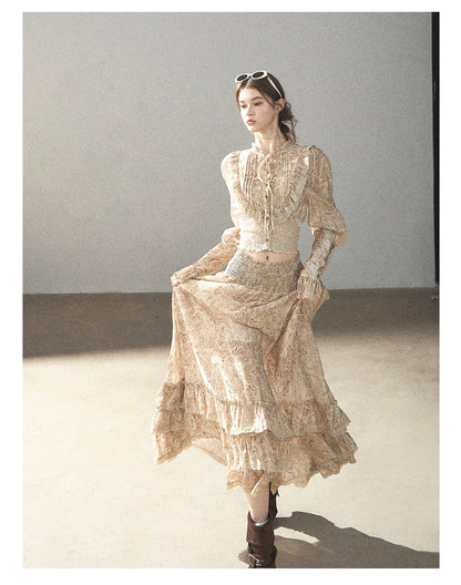 170726 "Growing an Autumn Breeze" Milk Tea Floral Blouse & Maxi Skirt Set