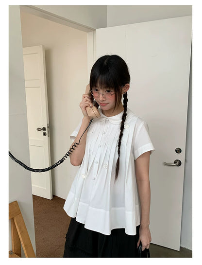 "Hyacinth Letter" White Cotton Peter Pan Collar Pleated Blouse