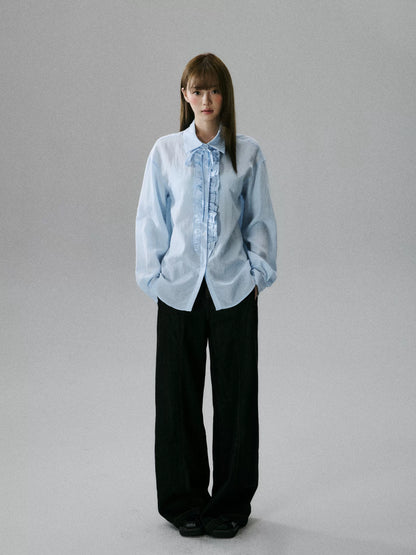 LOST FOREST - Water Blue Asymmetrical Lyocell Tie-Strap Blouse with Ruffle Trim