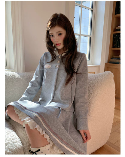 “Misty Academy Reverie” Light Grey Cropped Top & Bubble Mini Skirt