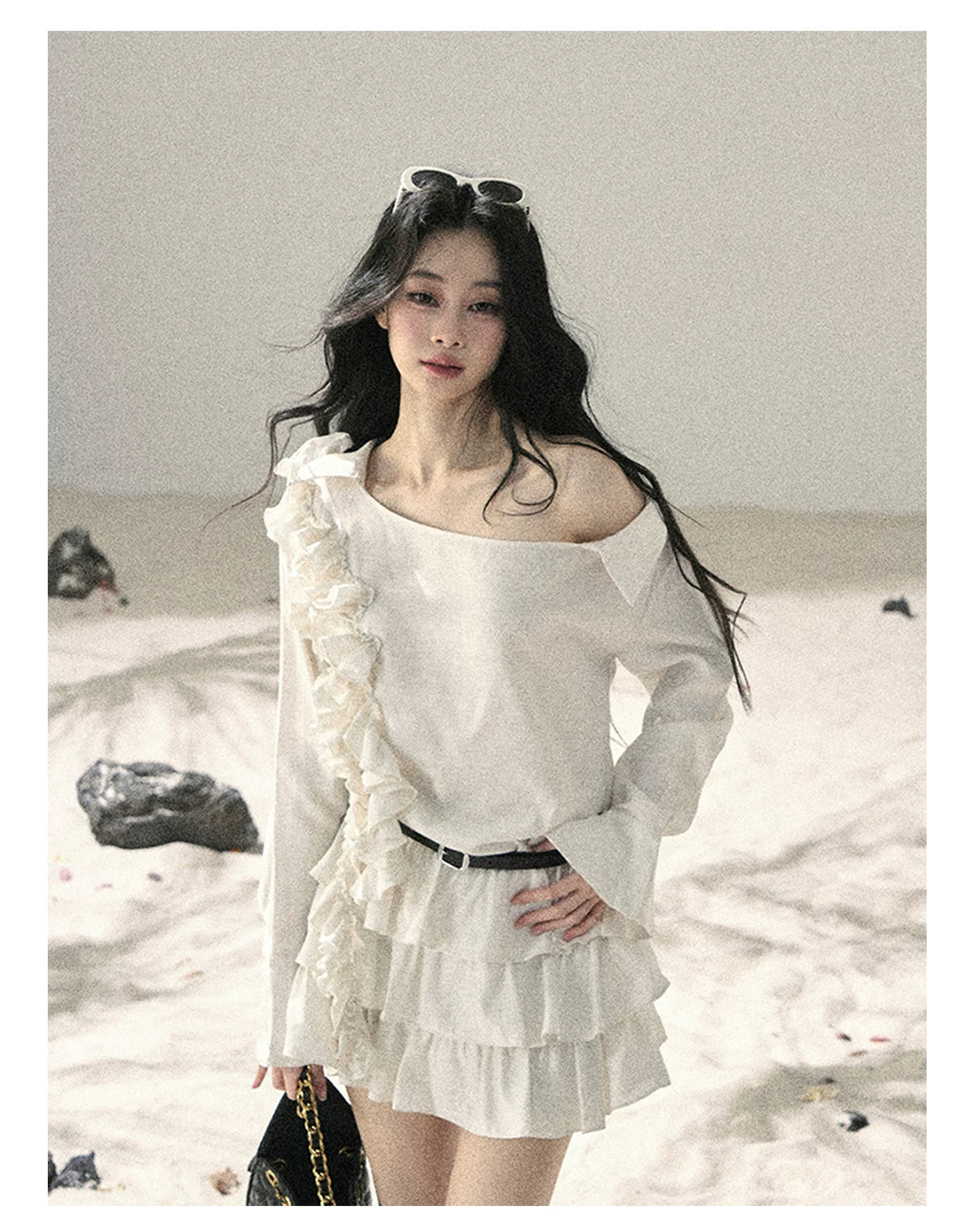 "Petals of Early Summer" Mist White Ruffle One-Shoulder Cake Dress (With Belt) 58648
