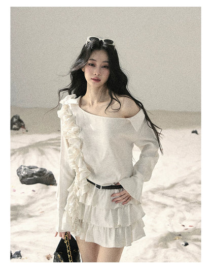 "Petals of Early Summer" Mist White Ruffle One-Shoulder Cake Dress (With Belt) 58648