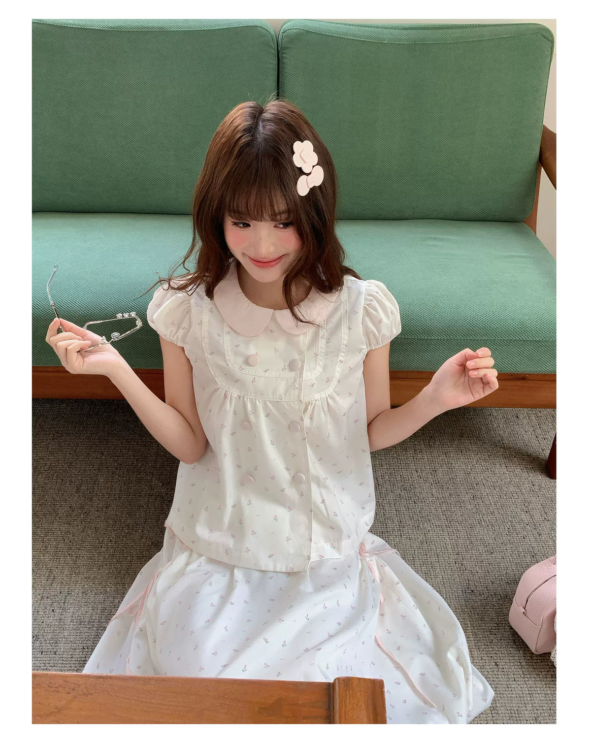 [RF] “White Peach Milk Foam” Pink & White Floral Polka Dot Two-Piece Set