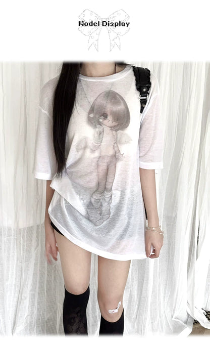 Gray & White Angel Original Licensed Two-Tone Vintage BJD Sheer Knit Cover-Up T-Shirt