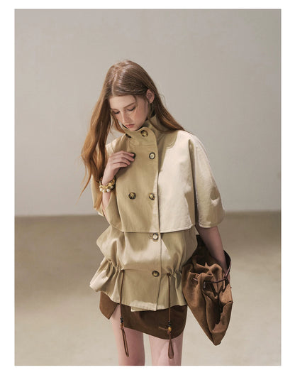 AOMALM - "Through the Oak Grove" Almond Taupe Cape Coat with Drawstring