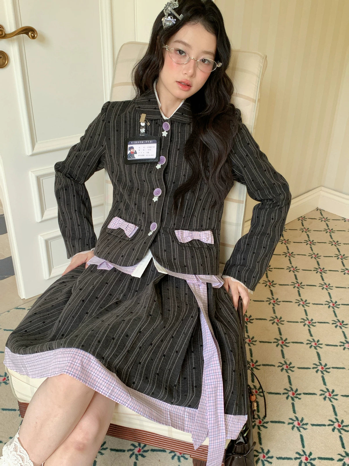 [[RF] “Ink Plaid Prelude” Gray-Purple Plaid Striped Pleated Skirt Two-Piece Set