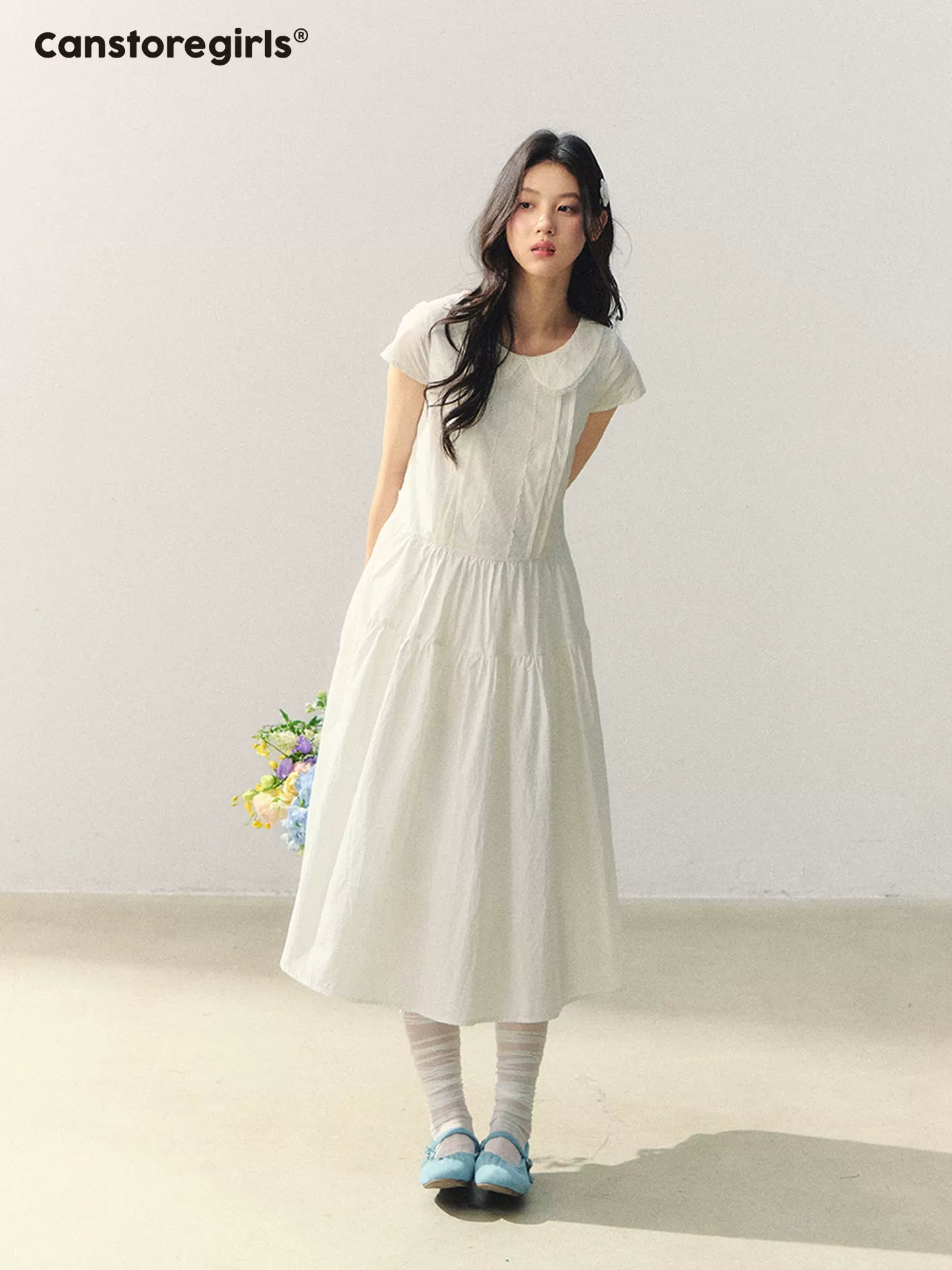 "Sakura Letter" Lace Doll Collar Waist-Fit Midi Dress WW2026004