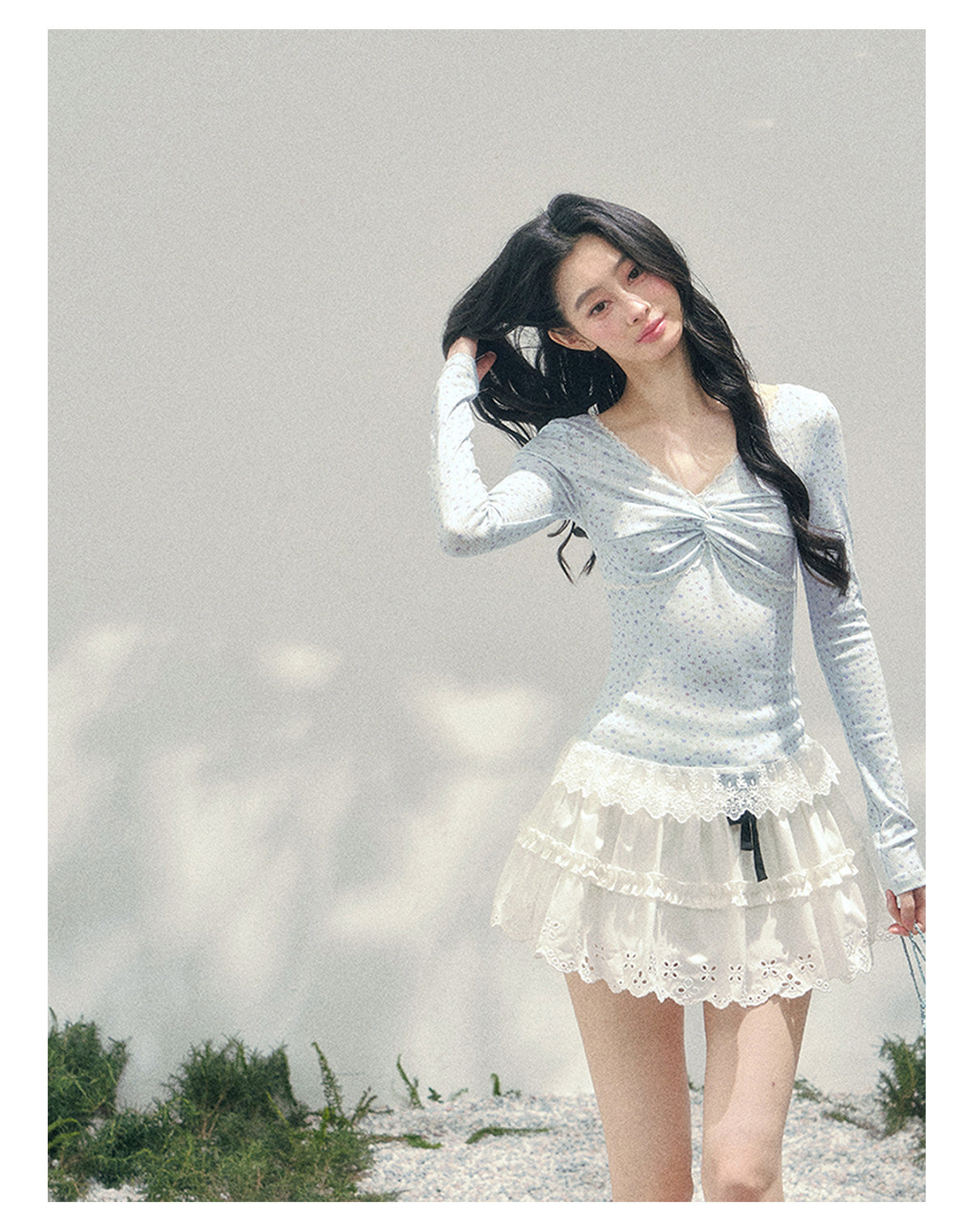 少也眼 "Heartbeat Pause" Baby Blue Back Lace Cut-Out Top 53685634