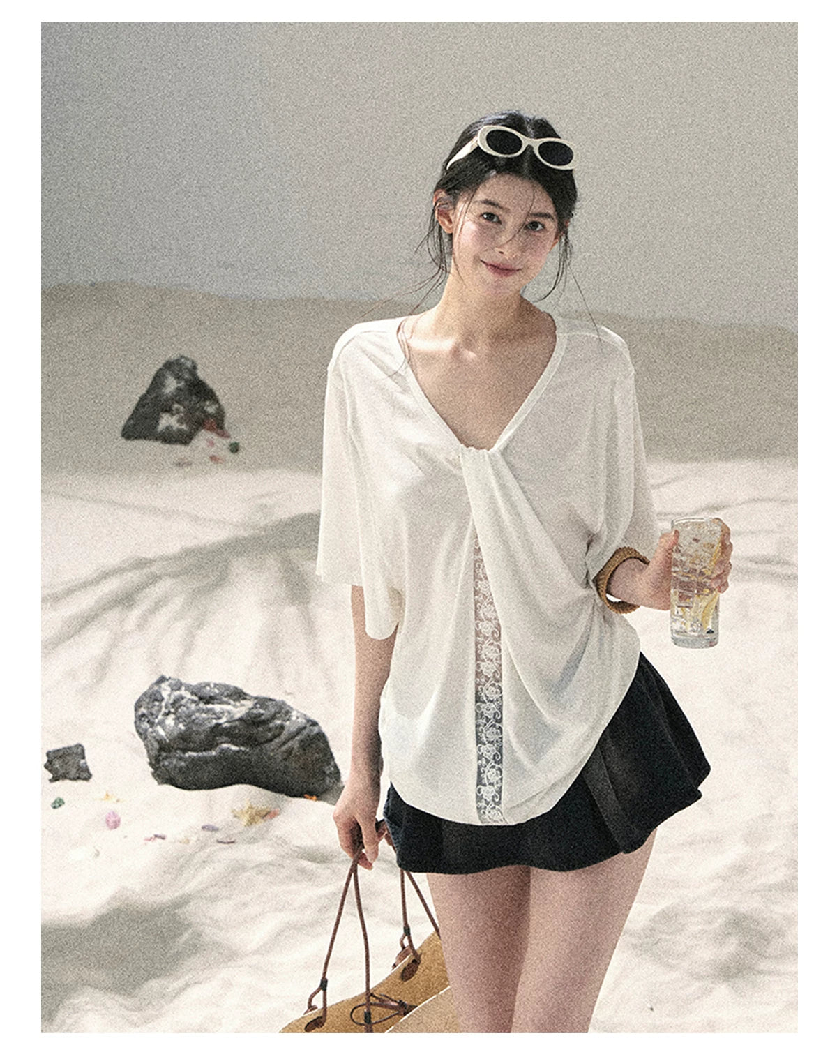 "Undisturbed Mist" Cloud White Lace Cutout V-Neck T-Shirt 45638453