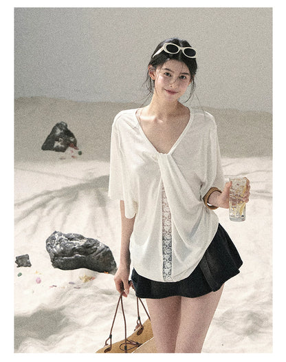 "Undisturbed Mist" Cloud White Lace Cutout V-Neck T-Shirt 45638453