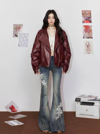 Angola Red Oversized Leather-Style Moto Jacket