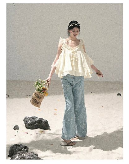 "Twinkling Starlight" Sky Blue Floral Rhinestone Wide-Leg Jeans