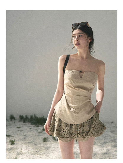 “Lost in Your Embrace” Roasted Pecan Lace Puff Skort