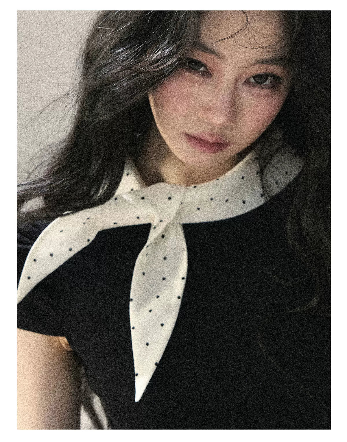 "Flowing Starlight" Tranquil Black Polka Dot Bow Puff Sleeve Top 536434545