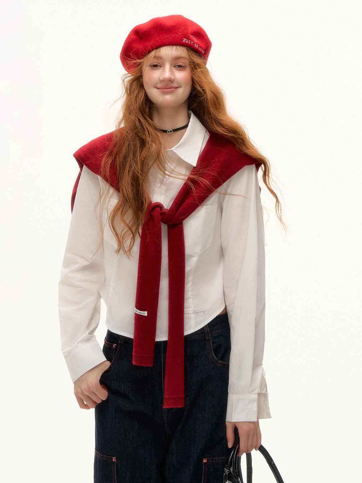 ASGONY - Preppy Embroidered Cropped Shirt (White)