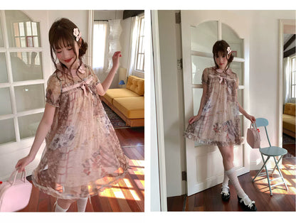 [RF] “Vintage Storybook” Light Brown Tea Patchwork Print Mini Dress