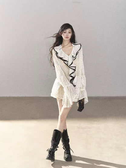 AOMALM - "Gossamer Moonlight" Pearl Shell Chiffon Top & Mini Skirt Set (With Tie & Flower)