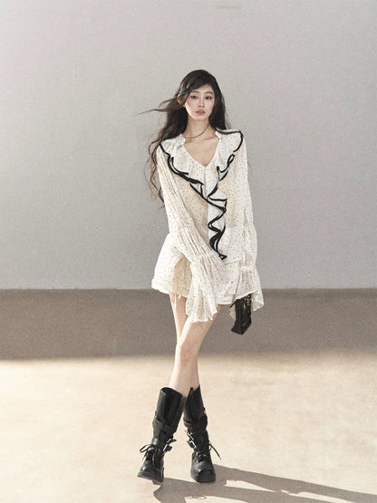 AOMALM - "Gossamer Moonlight" Pearl Shell Chiffon Top & Mini Skirt Set (With Tie & Flower)