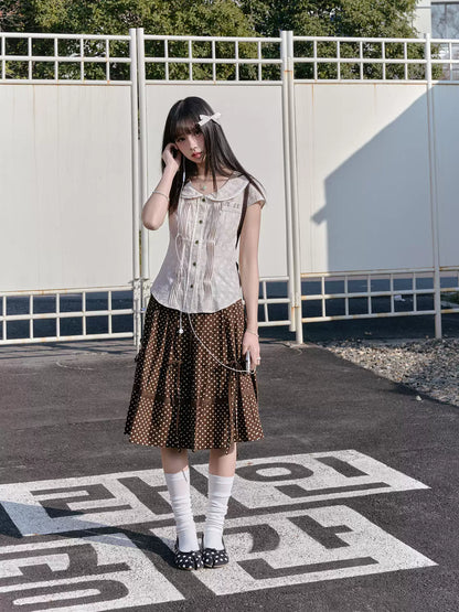 "Blooming Branches" Daisy Textured Blouse & Brown Polka Dot Pleated Skirt