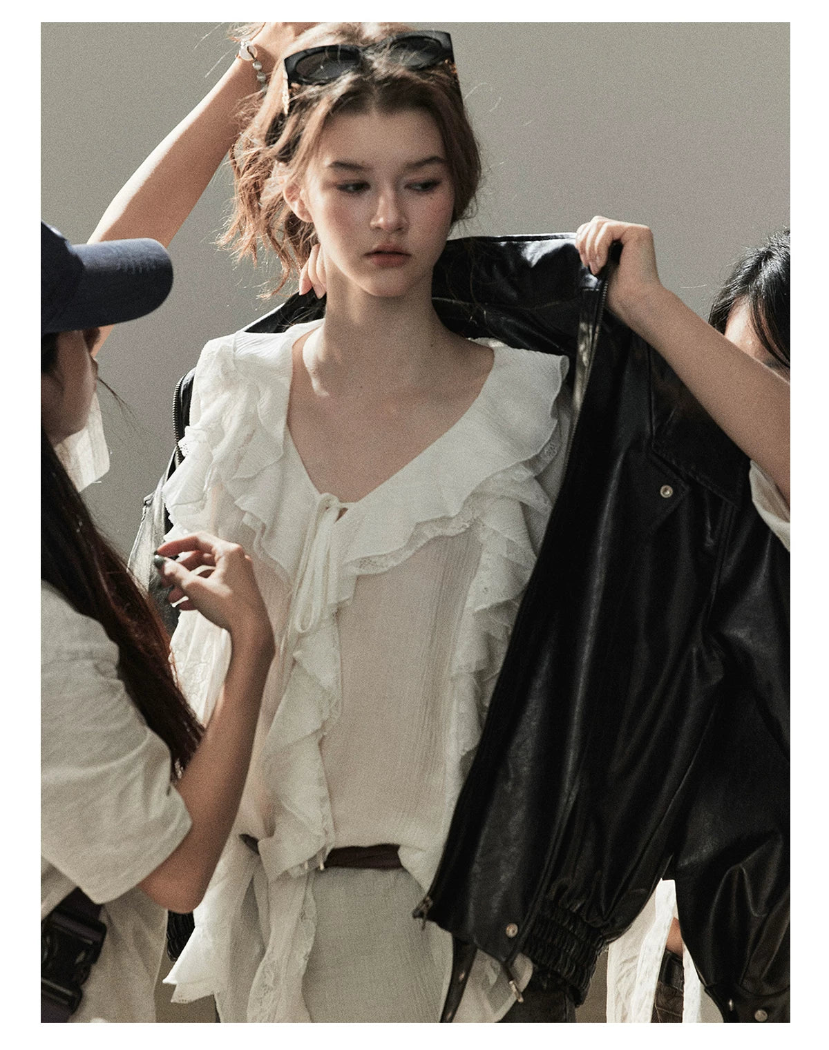 AOMALM - "A Featherlight Touch" French Camellia White Lace Chiffon Top with Belt (Camellia / Oatmeal / Cinnamon Pink)