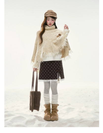 BIBIBENCY - Ivory Knit Cape Shawl with Fringe Trim