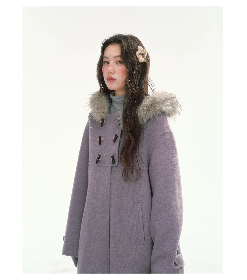 CANSTORE - "Wisteria Isle Lavender" Wool-Blend Hooded Coat with Detachable Faux Fur Collar