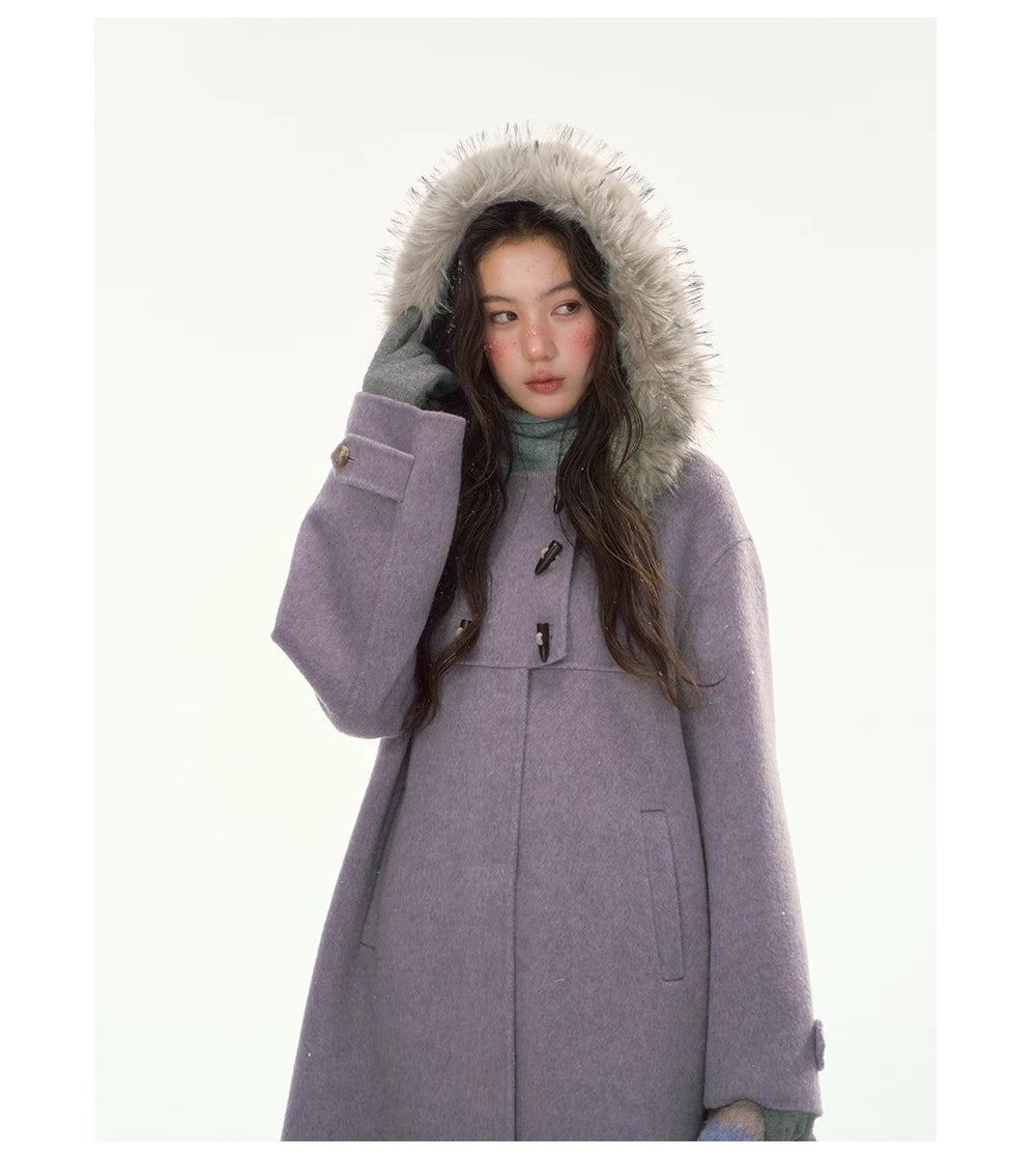 CANSTORE - "Wisteria Isle Lavender" Wool-Blend Hooded Coat with Detachable Faux Fur Collar