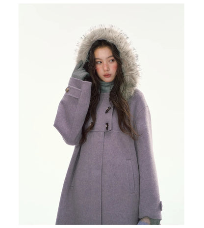 CANSTORE - "Wisteria Isle Lavender" Wool-Blend Hooded Coat with Detachable Faux Fur Collar