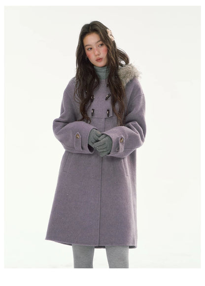 CANSTORE - "Wisteria Isle Lavender" Wool-Blend Hooded Coat with Detachable Faux Fur Collar