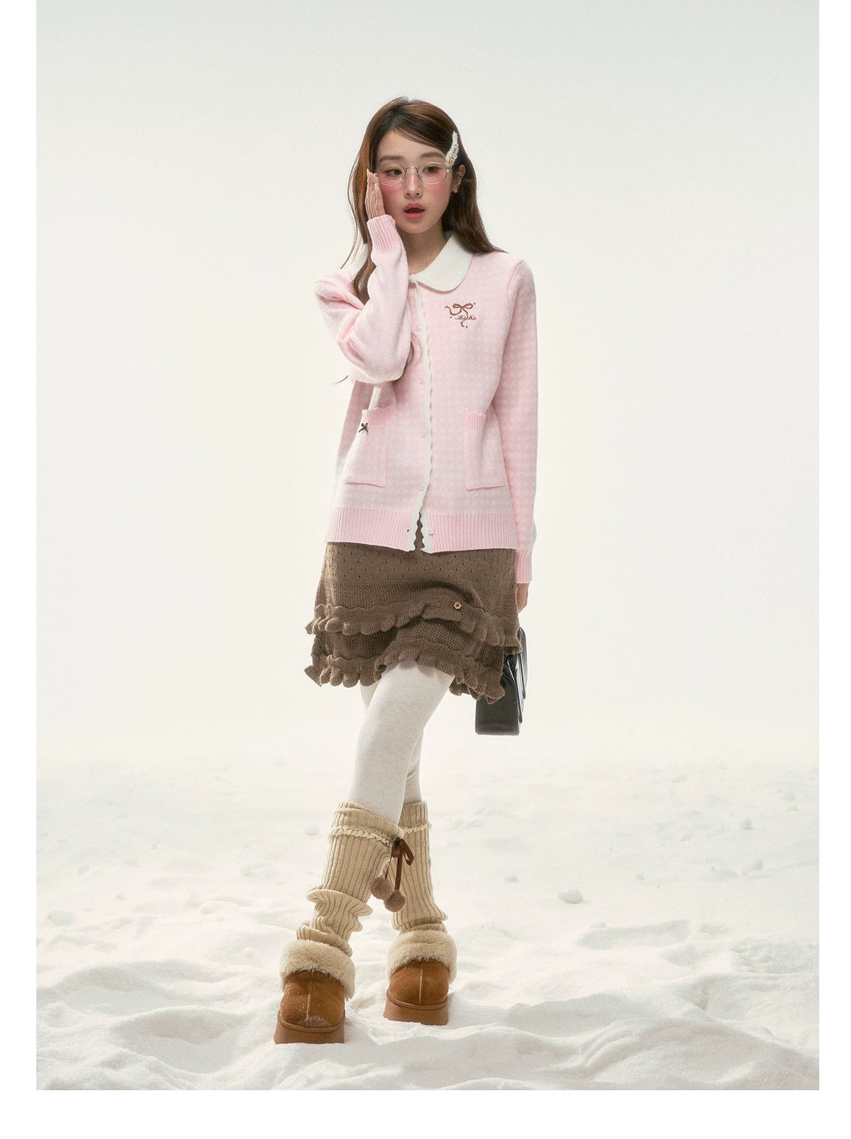BIBIBENCY - Pink Plaid Bow Knit Sweater