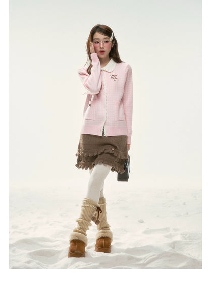 BIBIBENCY - Pink Plaid Bow Knit Sweater