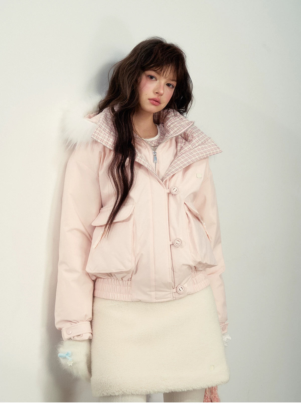SunsetPark - Blush Pink & Plaid 90% White Duck Down Puffer Jacket (Short / Long / Navy / Glacier Blue)
