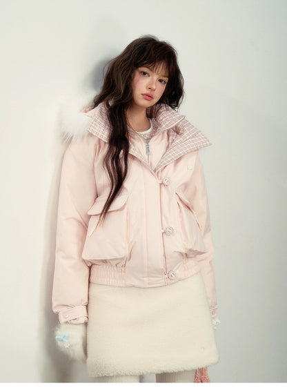 SunsetPark - Blush Pink & Plaid 90% White Duck Down Puffer Jacket (Short / Long / Navy / Glacier Blue)