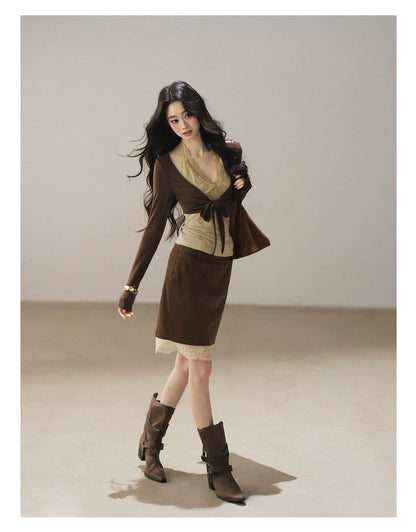AOMALM - "Tender in This Moment" Rich Cocoa Faux Two-Piece Lace Top