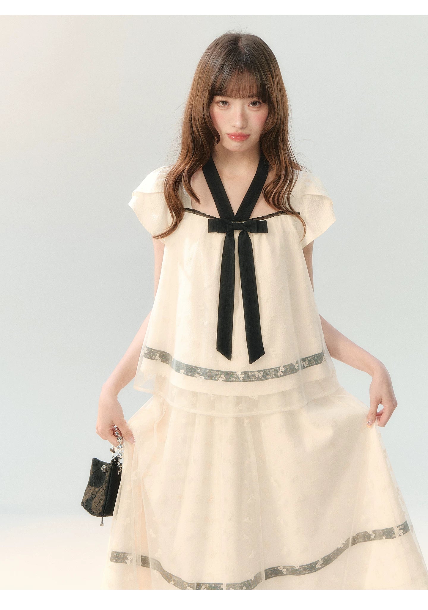 "Velvet Bow Butterfly" Apricot Flocked Tulle Skirt Set PP2026231