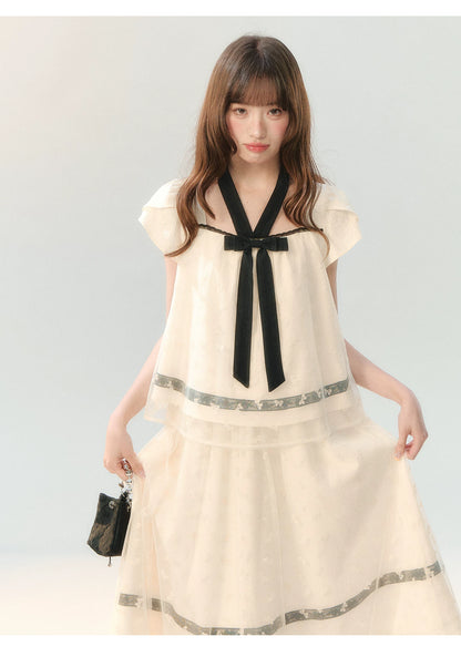"Velvet Bow Butterfly" Apricot Flocked Tulle Skirt Set PP2026231