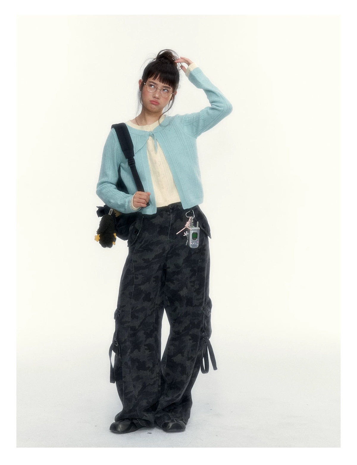 Korean Contrast Bow-Tie Layered Knit Cardigan (Blue / Purple)