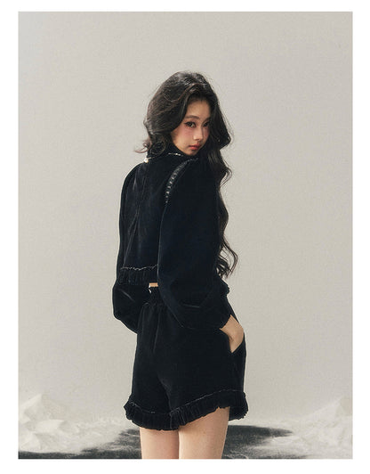少也眼 “The Seventh Nocturne” Black Velvet French-Style Jacket & Shorts Set