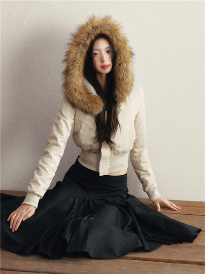 1P - Beige Hooded Cotton-Padded Jacket with Faux Fur Collar