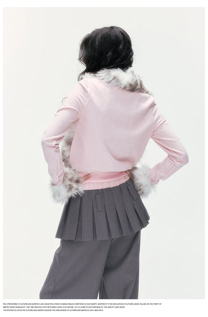 24olvides - Colorblock Faux Fur Jacket with Knit Sleeves