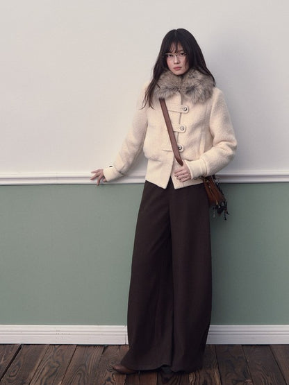 Soote Season - Cream White Wool-Blend Cropped Down Jacket with Faux Fur Doll Collar