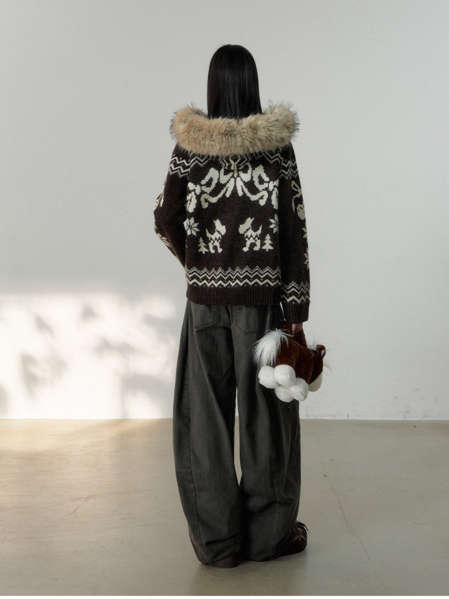 Soote Season - Fair Isle Cream Hooded Toggle Knit Jacket - Deep Roast Brown