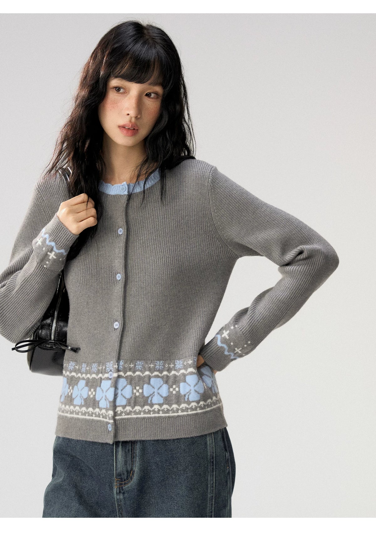 [CAN] "Witch's Wings" Gray Jacquard Knit Set (Cape Shawl / Cardigan)