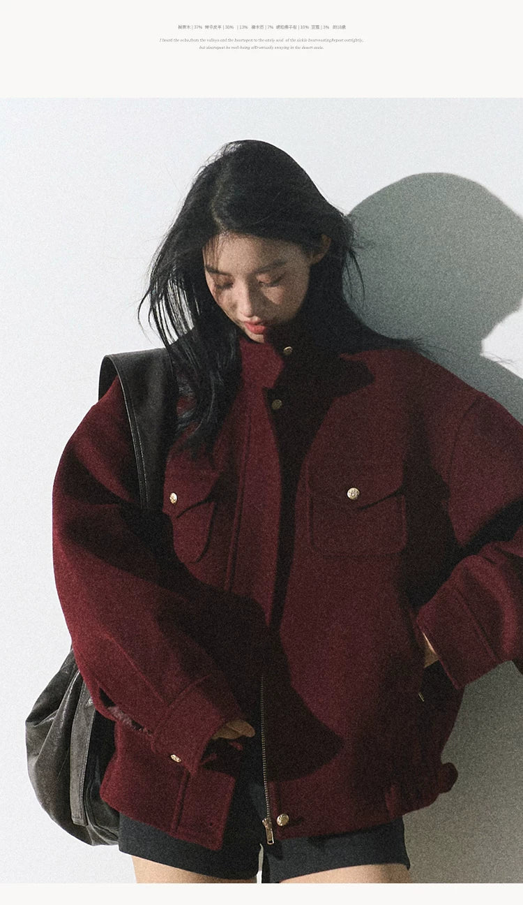 OAKMOO/ "Plum Blossom Mood" Angora Red Wool-Blend Harrington Jacket