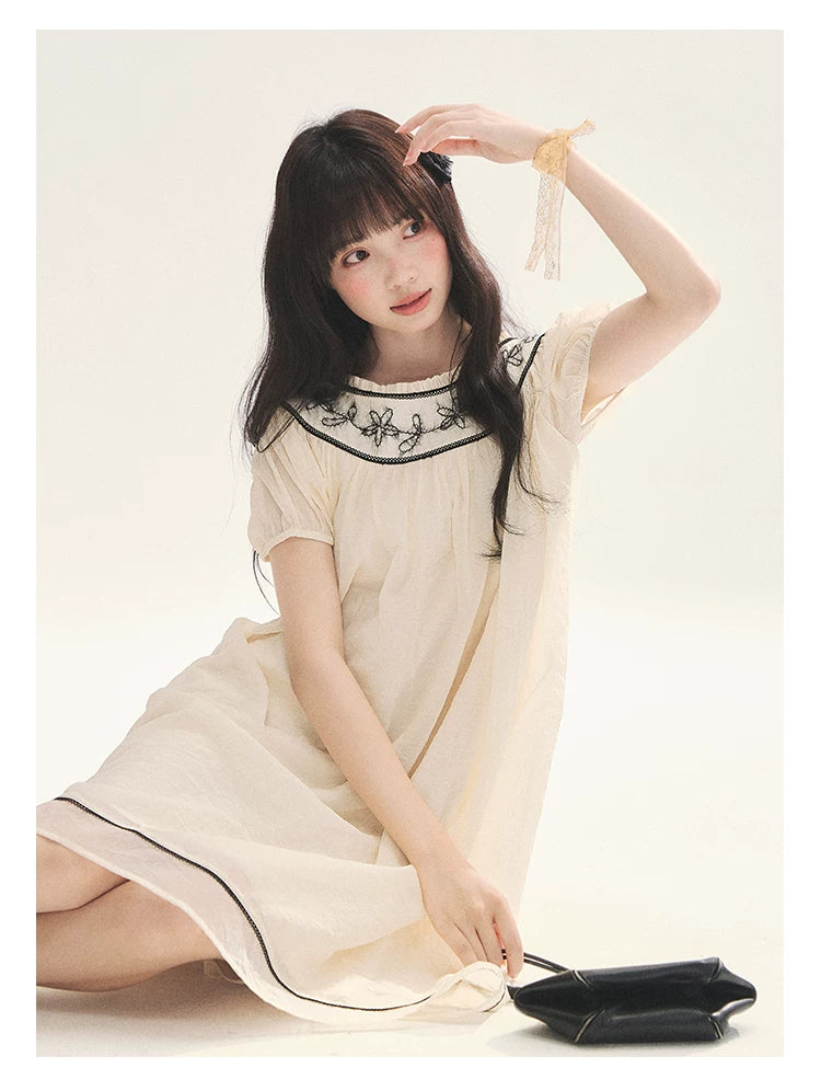 "Midnight Princess" Yellow Flower Rope Embroidered Babydoll Midi Dress