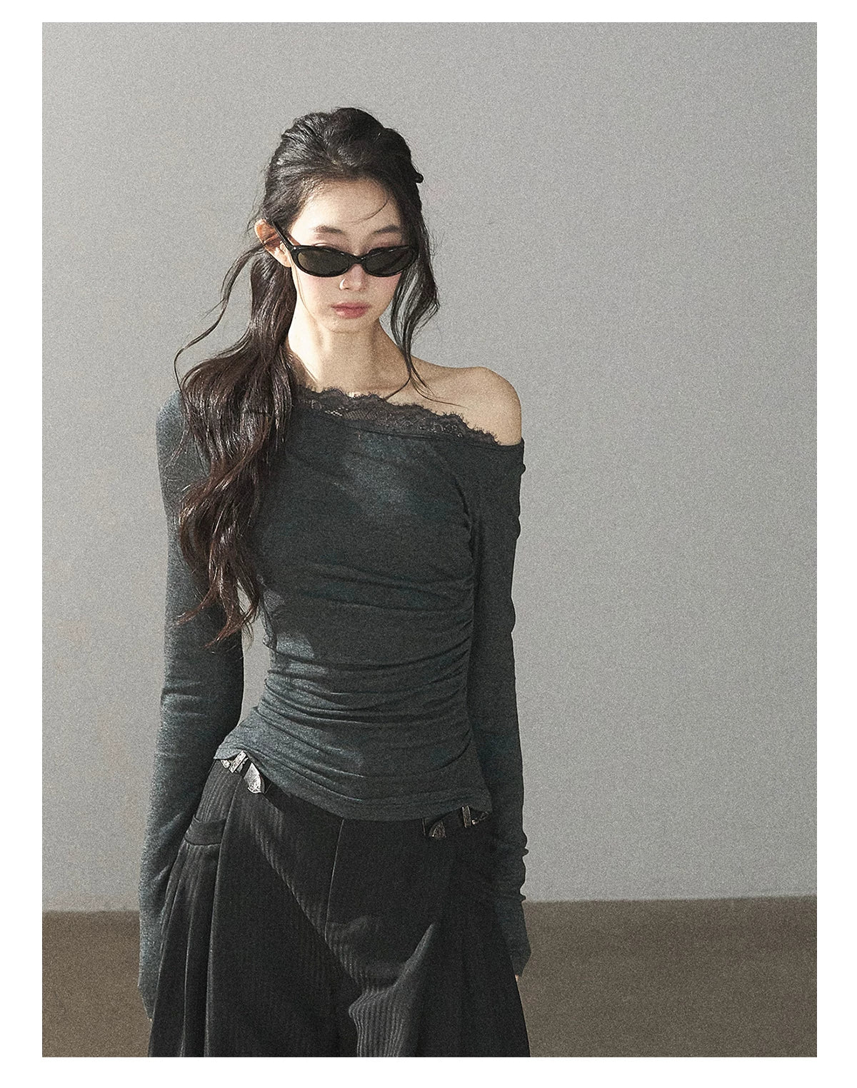 AOMALM - Dark Rock Gray Faux Two-Piece Asymmetrical Lace Long-Sleeve Top