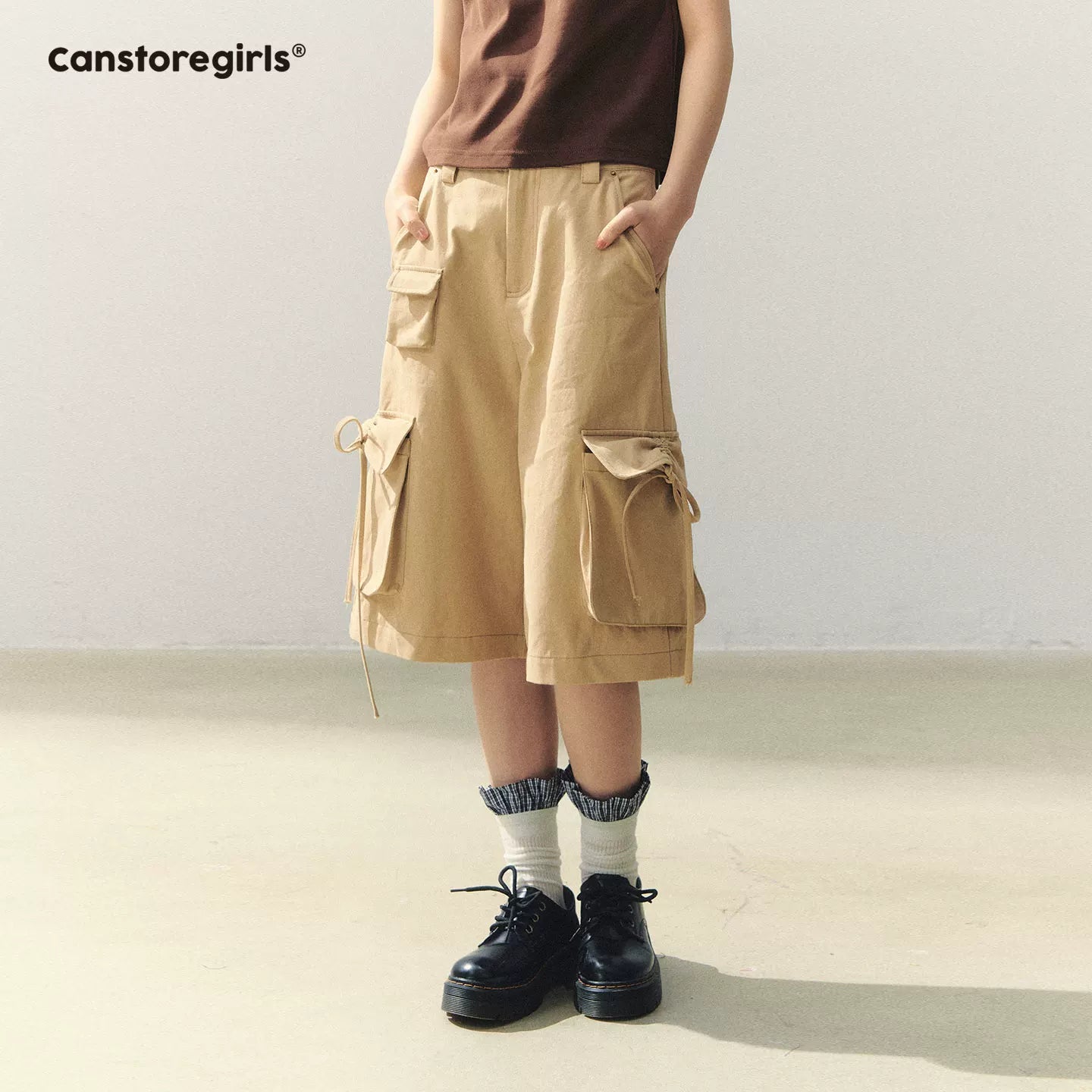 "Sand Messenger Mood" Khaki Bow Drawstring Cropped Cargo Pants WW2026042