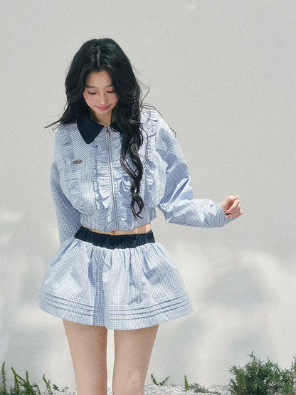 “English Manor” Plaid Cropped Top & Bubble Mini Skirt Set