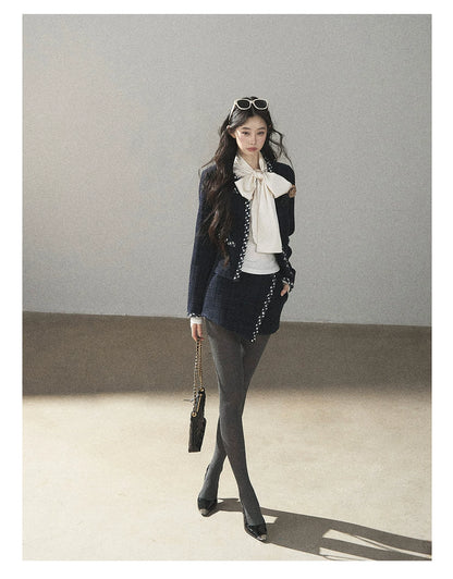 AOMALM - Navy Tweed Jacket & Skort Set with Dutch Cheese Top